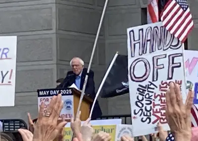Bernie Sanders urges supporters to defend democracy at May Day rally outside City Hall